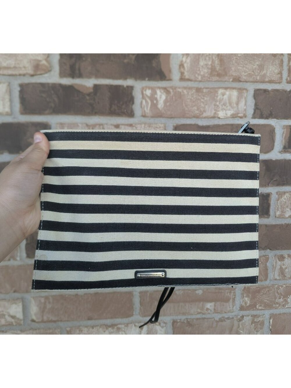Rebecca Minkoff Striped Clutch Bag Black Cream/Off White Canvas & Leather